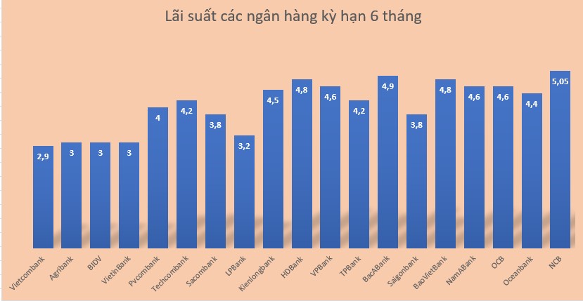 Lãi suất 20 ngân hàng kỳ hạn 6 tháng hiện nay. Đồ hoạ: Minh Huy 